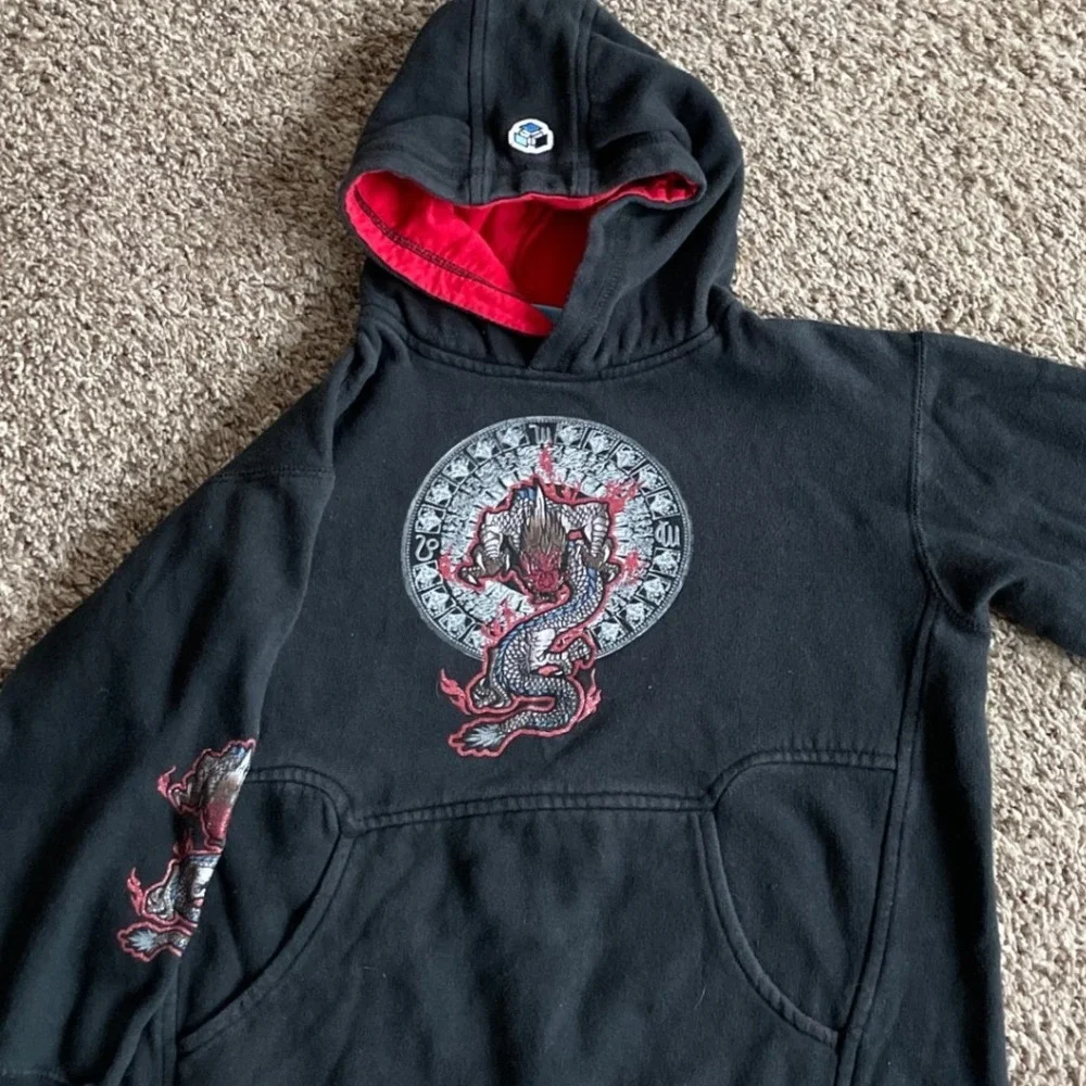 Vintage‎ Y2K Kids Black Dragon Zodiac Graphic Hoodie Sweatshirt Size Medium M